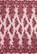 Burgundy Silver Rhinestones Glitter Fabric on a Mesh by the Yard | Quinceañera Design Glitter Rhinestones on Mesh Fabric Prom Dress