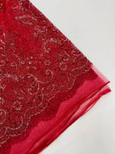 Burgundy Silver Rhinestones Glitter Fabric on a Mesh by the Yard | Quinceañera Design Glitter Rhinestones on Mesh Fabric Prom Dress