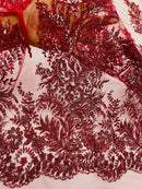 Burgundy Silver Rhinestones Glitter Fabric on a Mesh by the Yard | Quinceañera Design Glitter Rhinestones on Mesh Fabric Prom Dress