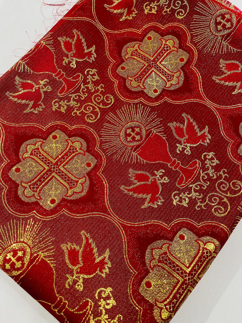 58/60" Church Vestment Brocade Fabric - Jacquard Cross and Doves Print Church Vestment By Yard