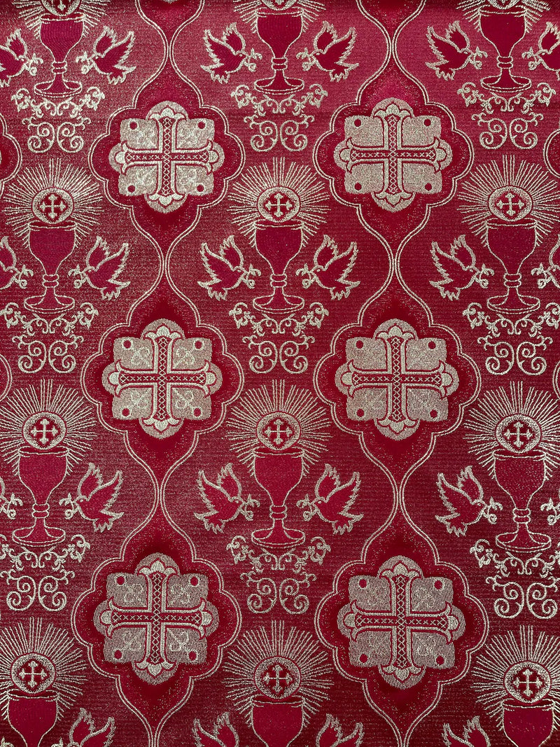 58/60" Church Vestment Brocade Fabric - Jacquard Cross and Doves Print Church Vestment By Yard