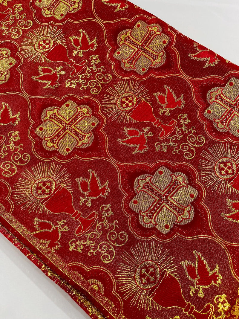 58/60" Church Vestment Brocade Fabric - Jacquard Cross and Doves Print Church Vestment By Yard