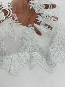 White Beaded Fabric - Floral Beads and Sequins Embroidered on a Mesh Sold By Yard