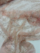 Clear Beaded Fabric Pink Mesh by the yard, Bridal beaded Damask With Beads and Sequin