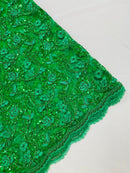 Corded Lace Flower Fabric - Emerald Green - Floral Design Embroidered Sequins on Mesh Lace Fabric