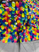 Oval Jumbo Paillette Sequins - Multi Color Iridescent on Black - Big Oval Paillette Sequins Design Fabric By Yard