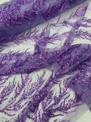 Lilac Beaded Fabric by the yard, Bridal beaded, Damask Pattern With Beads and Sequin