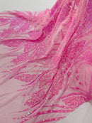 Wavy Leaf Design Fabric - Candy Pink - 4 Way Stretch Sequins Lace Mesh Leaf Design Fabric by Yard