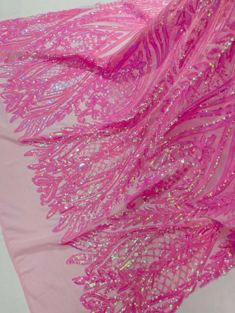 Mermaid Design Fabric - Candy Pink - 4 Way Stretch Sequins Fabric on Lace Mesh Sold By Yard