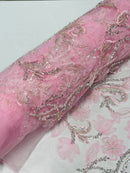 3D Tulle Mesh Flower Fabric - Candy Pink - Beaded Mesh Flower Plant Design Sold By Yard