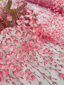 3D Glitter Floral Fabric - Candy Pink - Floral Line Glitter Designs on Mesh Fabric Sold By Yard