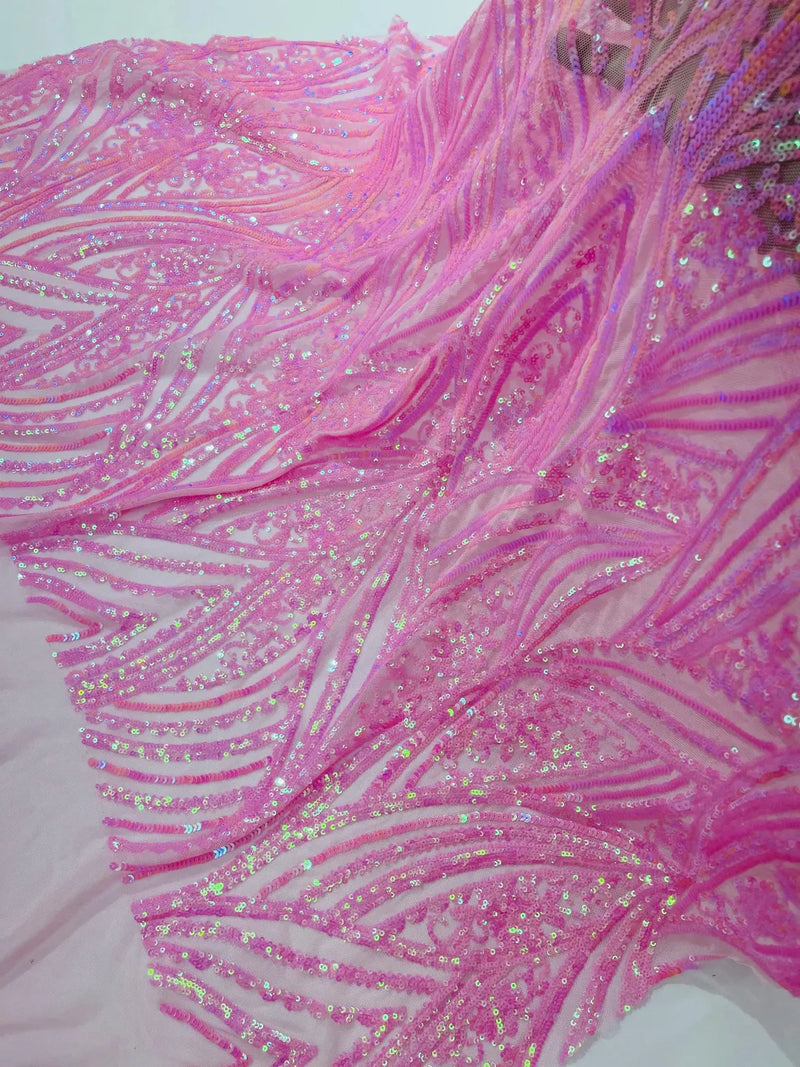 Curvy Design Sequins Fabric - Candy Pink - 4 Way Stretch Curvy Sequins Design Mesh Fabric by Yard