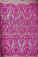 Heart Shape Sequins Fabric - Candy Pink - 4 Way Stretch Sequins Damask Fabric By Yard