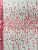3D Glitter Floral Fabric - Candy Pink - Floral Line Glitter Designs on Mesh Fabric Sold By Yard
