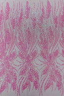 Wavy Leaf Design Fabric - Candy Pink - 4 Way Stretch Sequins Lace Mesh Leaf Design Fabric by Yard
