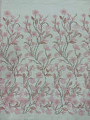 3D Tulle Mesh Flower Fabric - Candy Pink - Beaded Mesh Flower Plant Design Sold By Yard