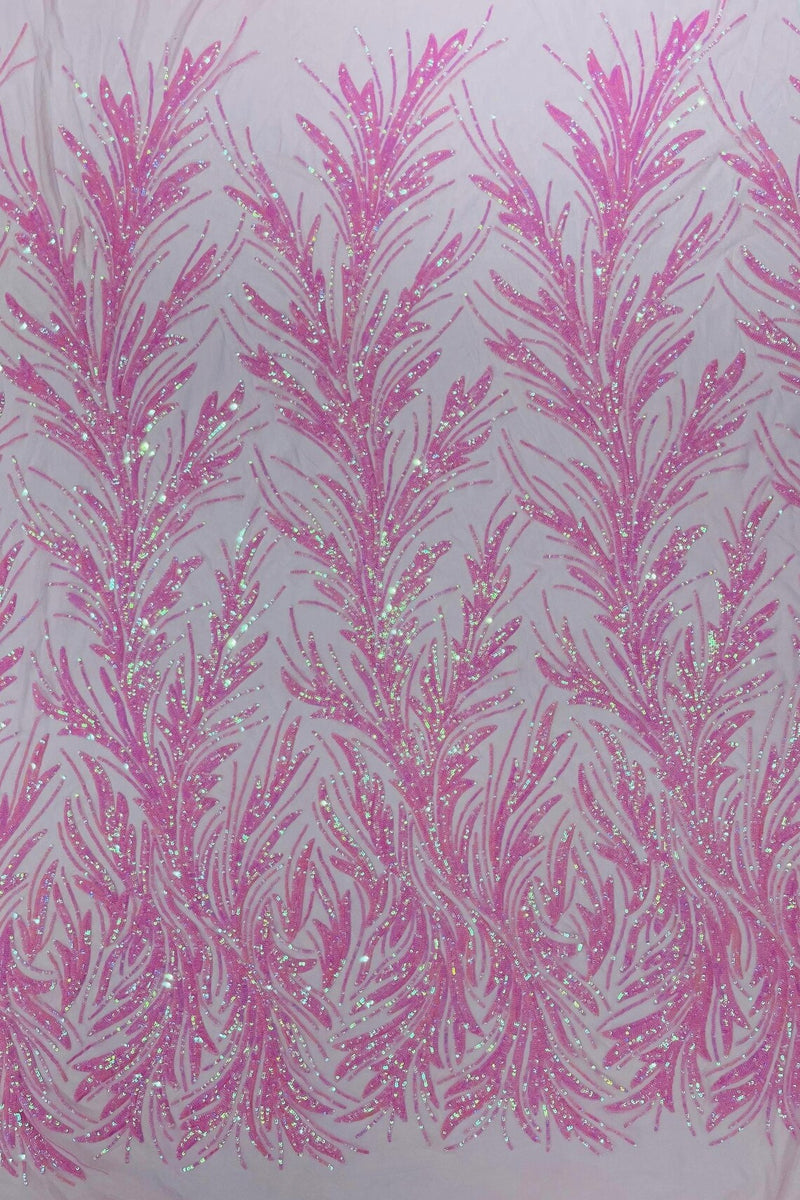 Leaf Stretch Sequins Fabric - Candy Pink - 4 Way Stretch Sequins on Lace Mesh Fabric by Yard