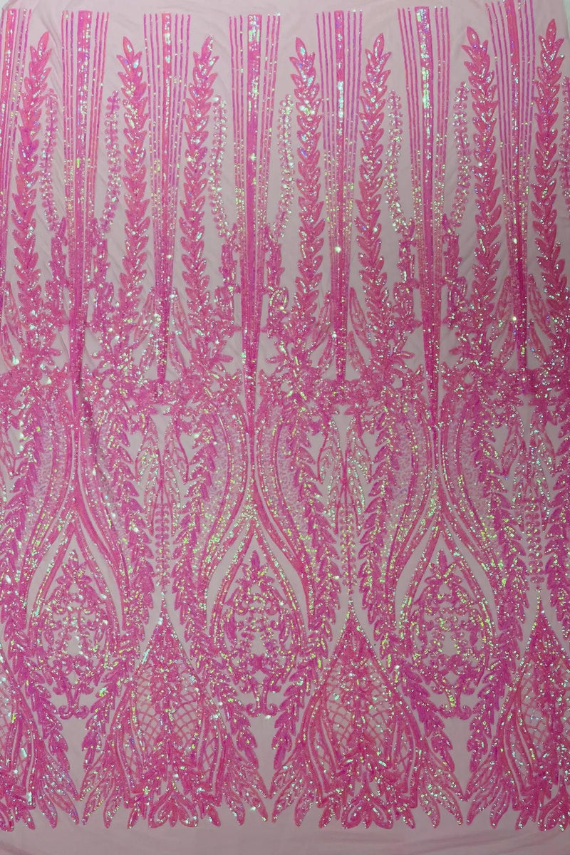 Mermaid Design Fabric - Candy Pink - 4 Way Stretch Sequins Fabric on Lace Mesh Sold By Yard