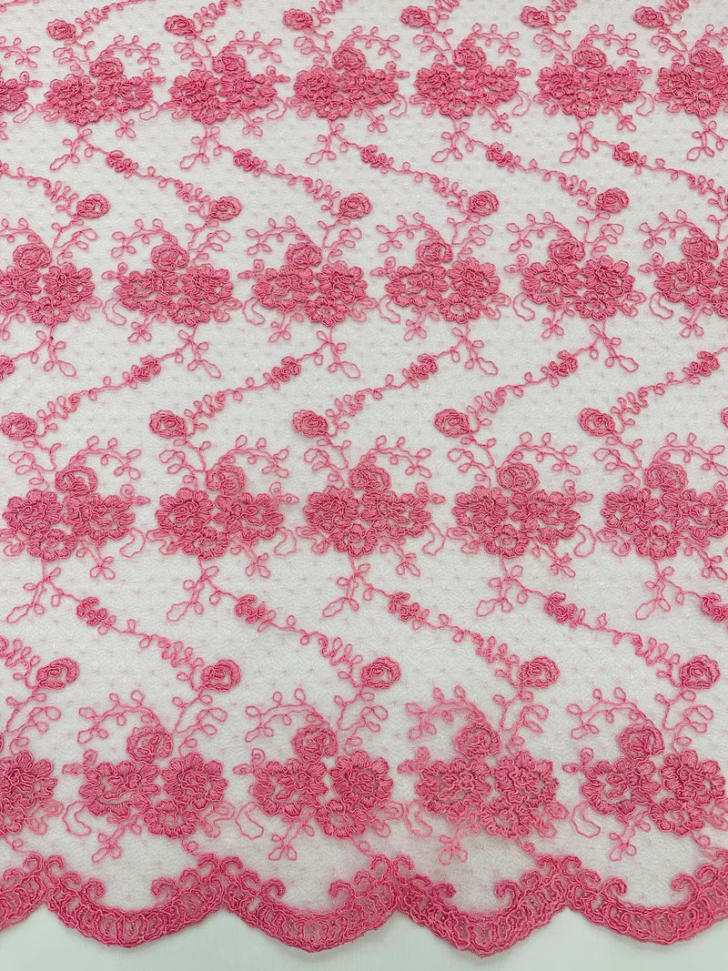 Jasmine Flower Fabric - Candy Pink - Embroidered Floral Design Lace Mesh Bridal Fabric By Yard