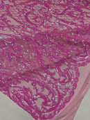 Heart Shape Sequins Fabric - Candy Pink - 4 Way Stretch Sequins Damask Fabric By Yard