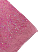 Leaf Stretch Sequins Fabric - Candy Pink - 4 Way Stretch Sequins on Lace Mesh Fabric by Yard