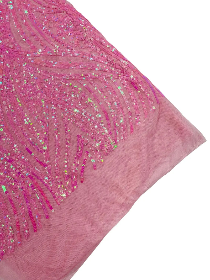 Curvy Design Sequins Fabric - Candy Pink - 4 Way Stretch Curvy Sequins Design Mesh Fabric by Yard