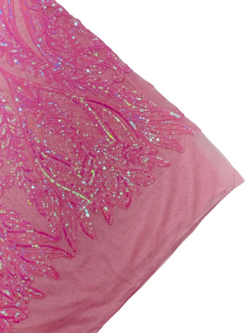 Mermaid Design Fabric - Candy Pink - 4 Way Stretch Sequins Fabric on Lace Mesh Sold By Yard