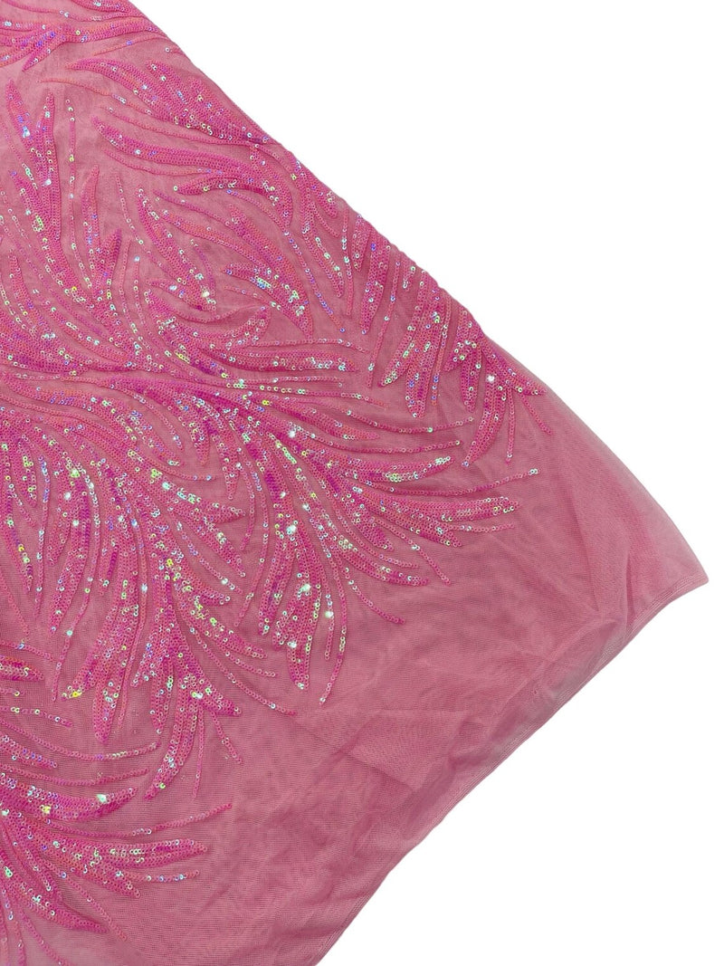 Leaf Stretch Sequins Fabric - Candy Pink - 4 Way Stretch Sequins on Lace Mesh Fabric by Yard