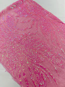 Wavy Leaf Design Fabric - Candy Pink - 4 Way Stretch Sequins Lace Mesh Leaf Design Fabric by Yard
