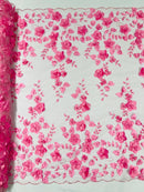 Floral 3D Pearl Fabric - Candy Pink - Embroidered Double Border Flower Design Pearl Fabric By Yard