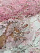 3D Tulle Mesh Flower Fabric - Candy Pink - Beaded Mesh Flower Plant Design Sold By Yard