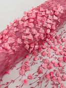 3D Glitter Floral Fabric - Candy Pink - Floral Line Glitter Designs on Mesh Fabric Sold By Yard