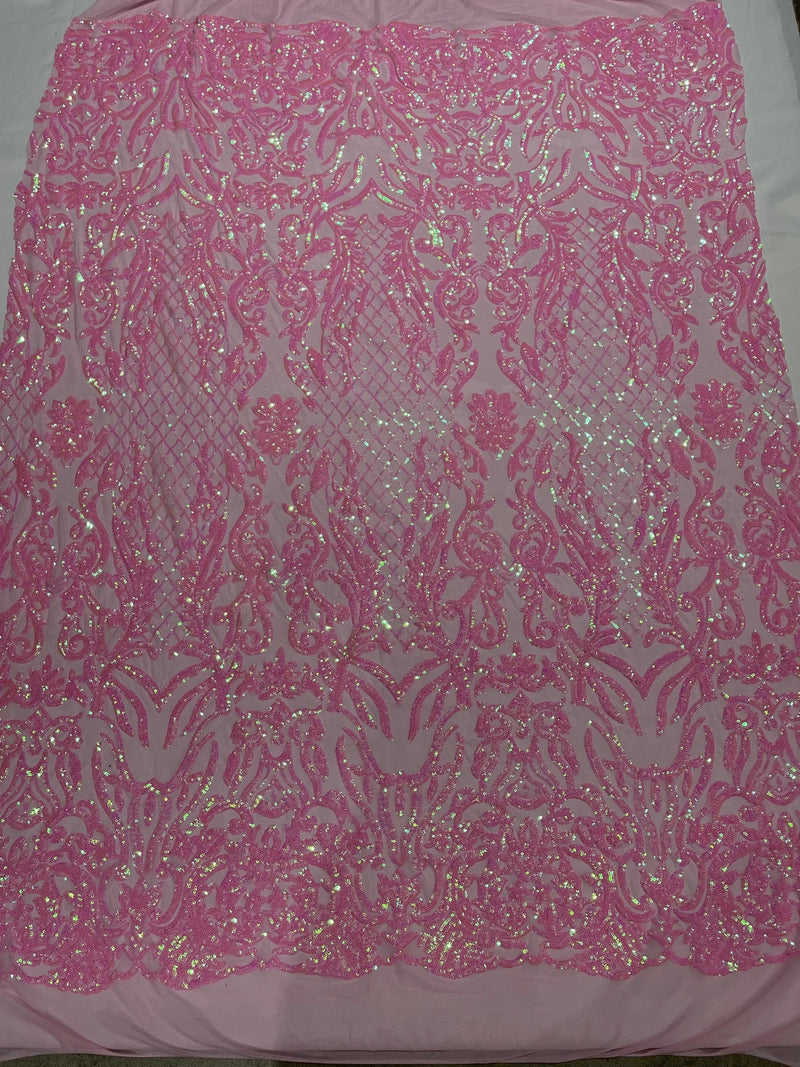 4 Way Stretch Fabric Design - Candy Pink - Fancy Net Sequins Design Fabric By Yard