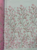 3D Tulle Mesh Flower Fabric - Candy Pink - Beaded Mesh Flower Plant Design Sold By Yard
