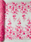 Floral 3D Pearl Fabric - Candy Pink - Embroidered Double Border Flower Design Pearl Fabric By Yard