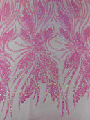 Wavy Leaf Design Fabric - Candy Pink - 4 Way Stretch Sequins Lace Mesh Leaf Design Fabric by Yard