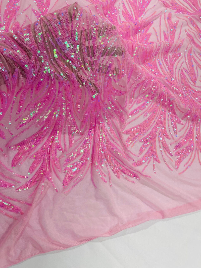 Leaf Stretch Sequins Fabric - Candy Pink - 4 Way Stretch Sequins on Lace Mesh Fabric by Yard