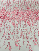 3D Glitter Floral Fabric - Candy Pink - Floral Line Glitter Designs on Mesh Fabric Sold By Yard