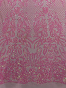 4 Way Stretch Fabric Design - Candy Pink - Fancy Net Sequins Design Fabric By Yard
