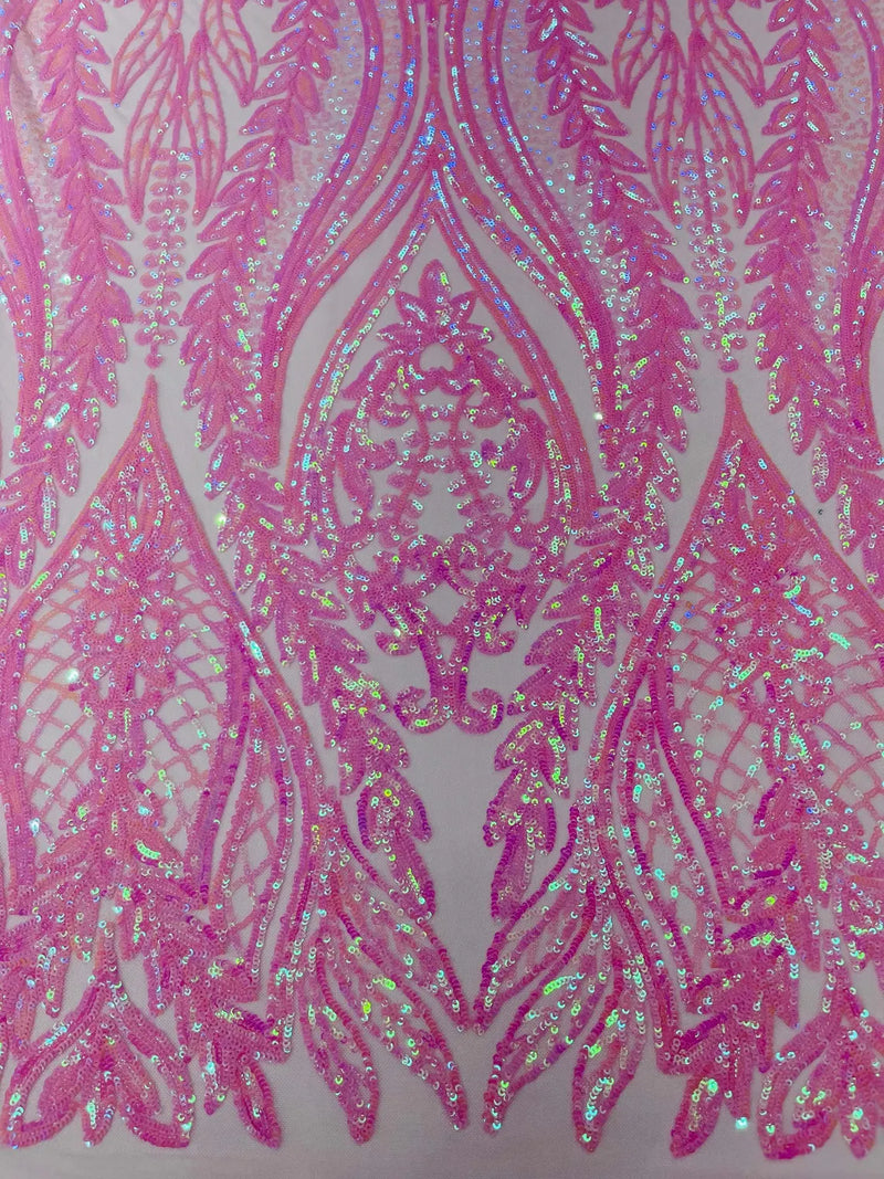 Mermaid Design Fabric - Candy Pink - 4 Way Stretch Sequins Fabric on Lace Mesh Sold By Yard