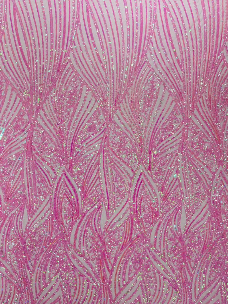 Curvy Design Sequins Fabric - Candy Pink - 4 Way Stretch Curvy Sequins Design Mesh Fabric by Yard