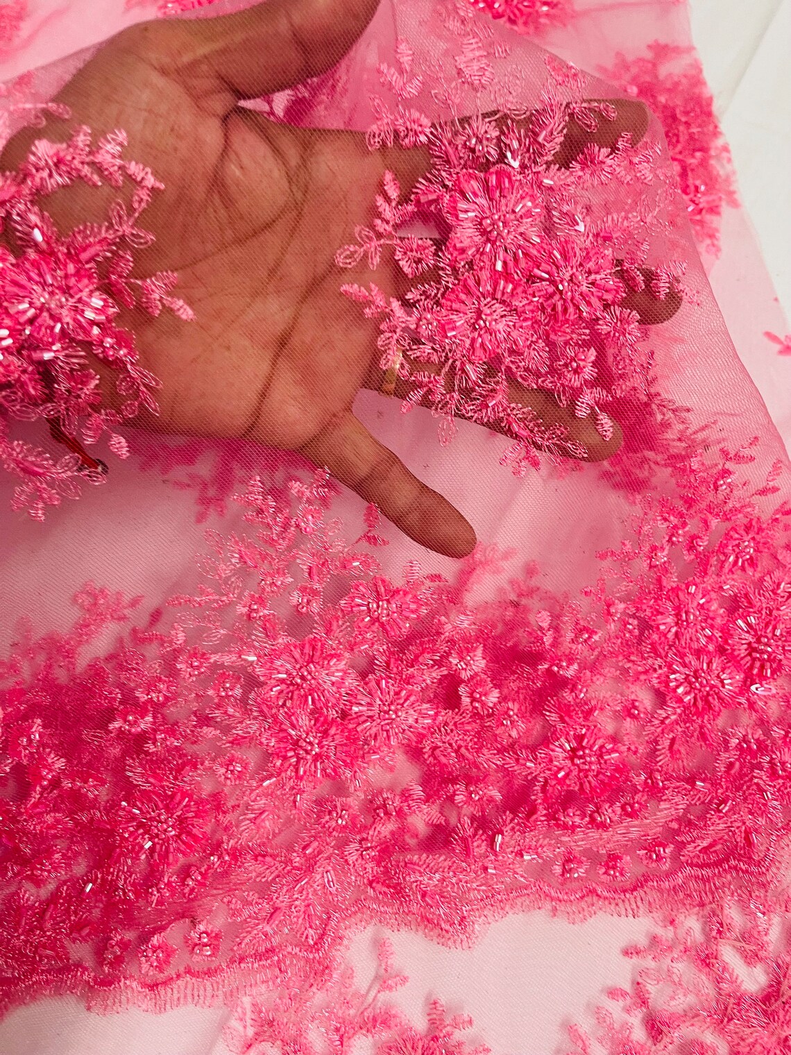 Floral Beaded Gaviota Fabric - Candy Pink - Beaded Floral Design Embro