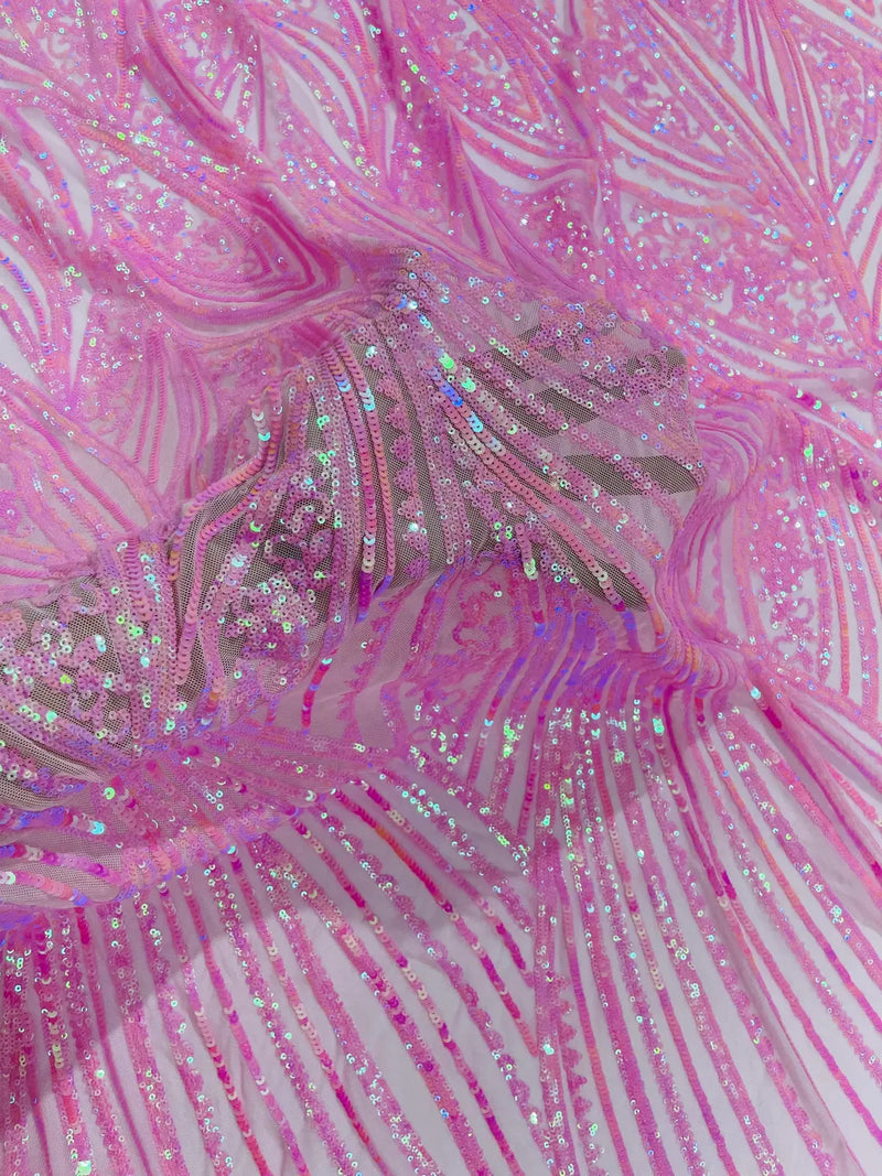 Curvy Design Sequins Fabric - Candy Pink - 4 Way Stretch Curvy Sequins Design Mesh Fabric by Yard