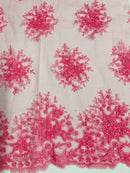 Floral Beaded Gaviota Fabric - Candy Pink - Beaded Floral Design Embroidered On Mesh Sold By Yard