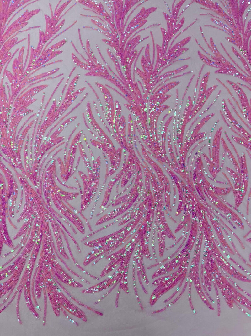 Leaf Stretch Sequins Fabric - Candy Pink - 4 Way Stretch Sequins on Lace Mesh Fabric by Yard