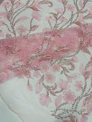 3D Tulle Mesh Flower Fabric - Candy Pink - Beaded Mesh Flower Plant Design Sold By Yard