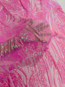 Wavy Leaf Design Fabric - Candy Pink - 4 Way Stretch Sequins Lace Mesh Leaf Design Fabric by Yard