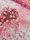 3D Glitter Floral Fabric - Candy Pink - Floral Line Glitter Designs on Mesh Fabric Sold By Yard