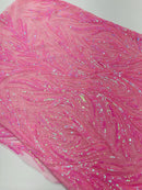 Leaf Stretch Sequins Fabric - Candy Pink - 4 Way Stretch Sequins on Lace Mesh Fabric by Yard