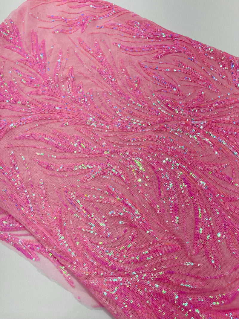 Leaf Stretch Sequins Fabric - Candy Pink - 4 Way Stretch Sequins on Lace Mesh Fabric by Yard